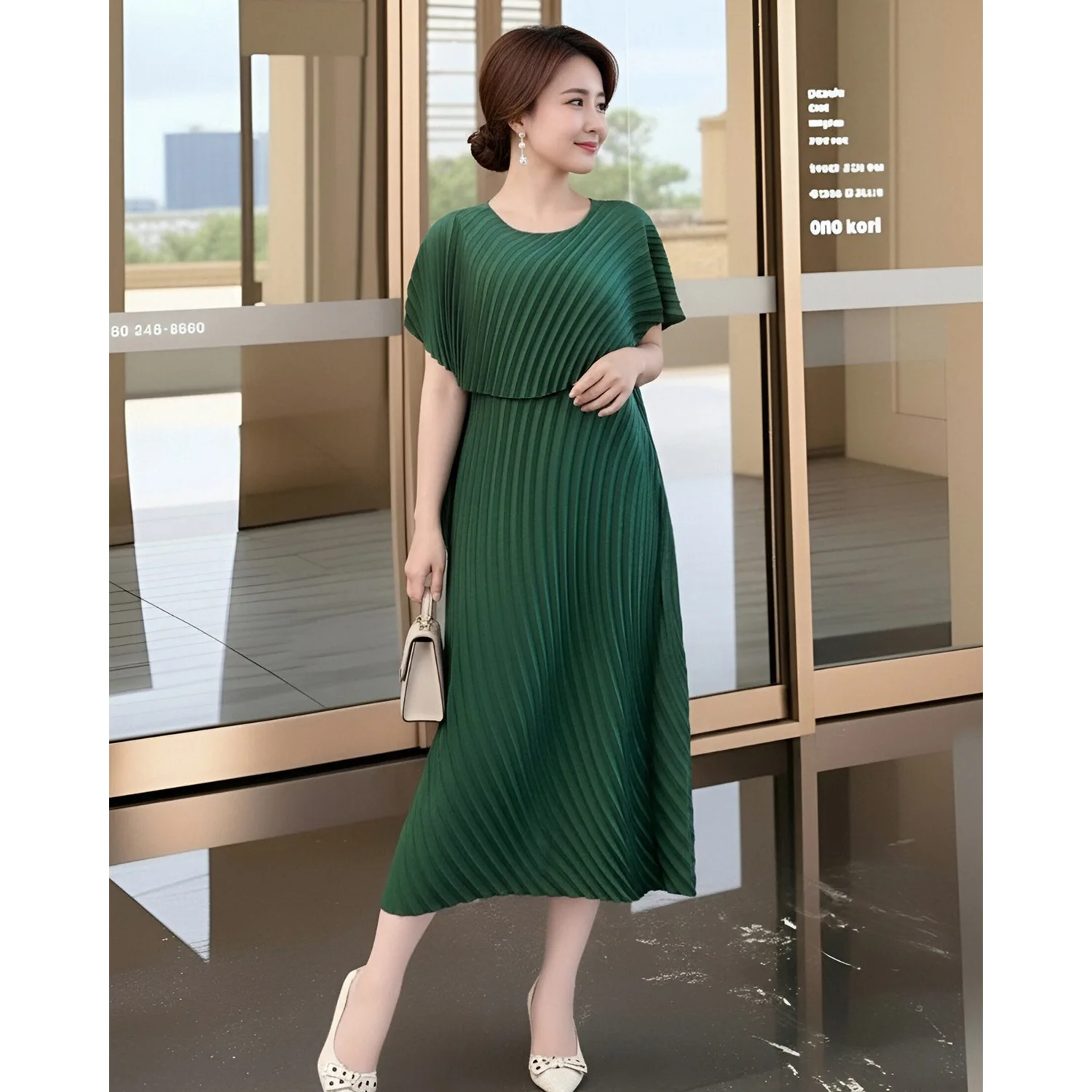 

Rose Red Dress Short Sleeve New Spring Clothes Seaside Vacation Miyake Style Pleated Loose Large Size Women's Pleated Skirt