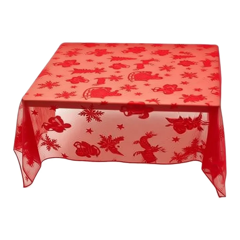 1 Piece Christmas Flocked Reindeer Snowflake Tablecloth Red Green Sheer Table Cover For Holiday Party Home Decoration