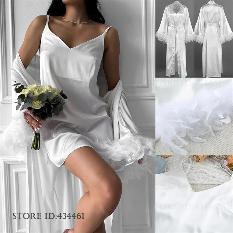 

Luxury Feather Satin Long Robe Set Suspender Nightgown White Wedding Lingerie Bathrobe for Bride Photoshoot SEXY Loungewear