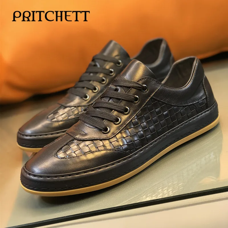 

Black Genuine Leather Woven Shoes Fashionable Color Matching Casual Sneakers Large Size Comfortable Lace Up Casual Shoes