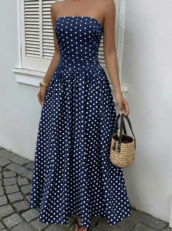 Women Dresses 2026 Spring Summer New Elegant Retro Polka Dot Print Sleeveless Strapless Cinched Waist Daily Casual Long Dress