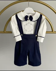 Baby Boy Set Autumn Winter Navy Blue Velvet Flower Embroidery Vintage Suit for Eid Causal Party Birthday C112