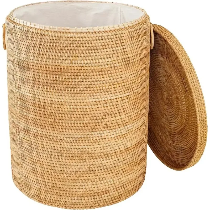 Natural rattan modern round laundry basket with laundry basket liner bag wicker large laundry finishing basket