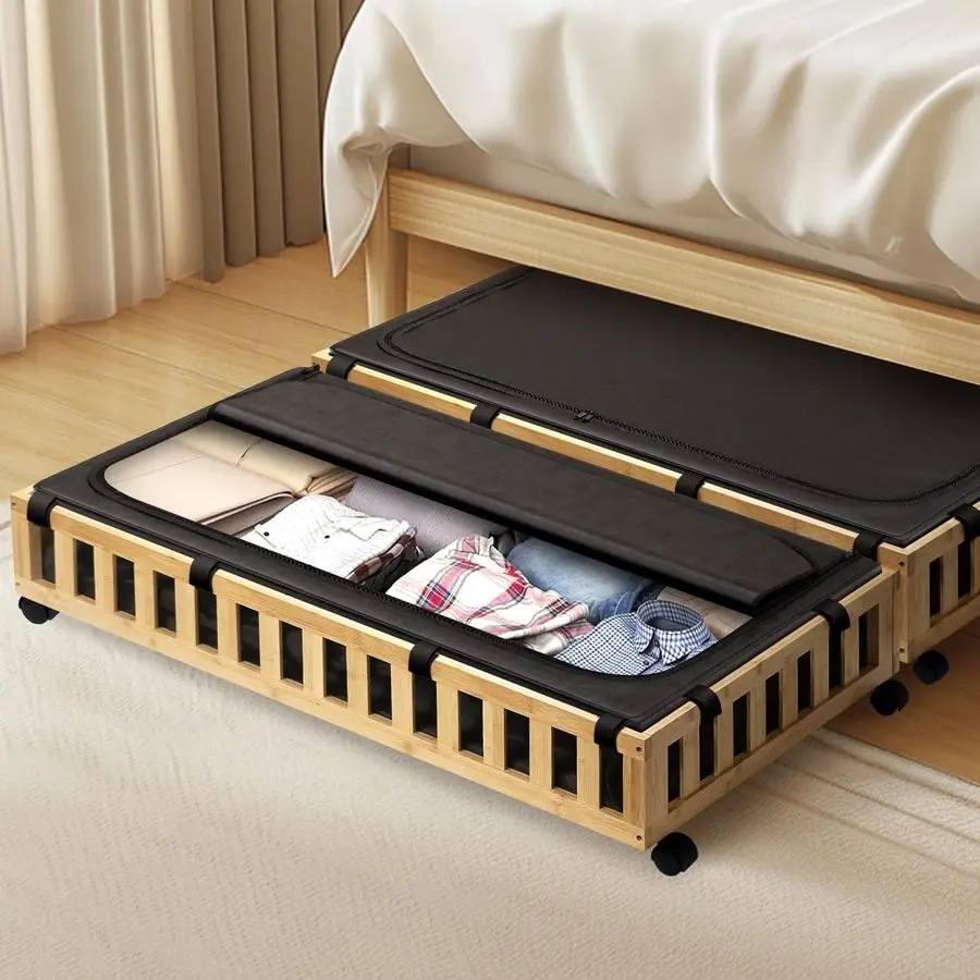 Pack Bamboo Under Bed Storage with Wheels, 39x20x7.8 Lager Under Bed Storage Containers Natural