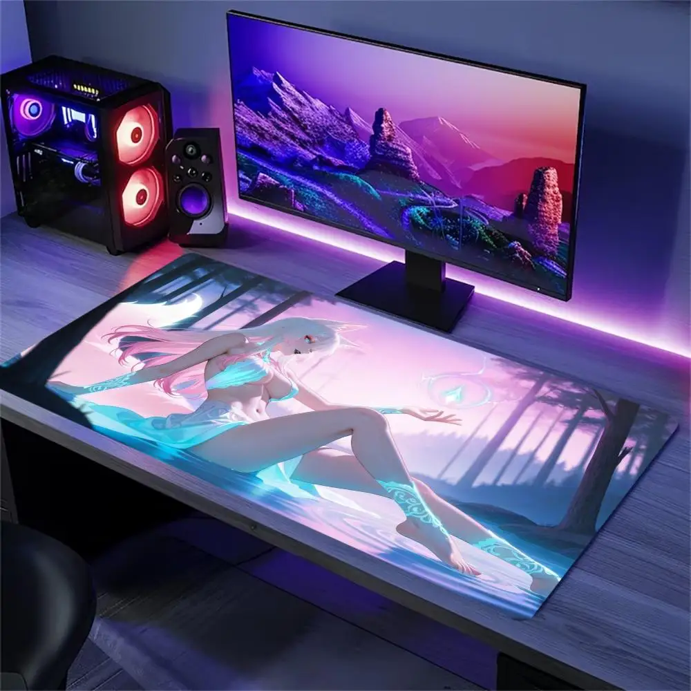 Fantasy Forest Kitsune Girl Large Gaming Mouse Pad Non Slip Rubber Stitched Edge HD Print Mat for Gamer Laptop Workstation
