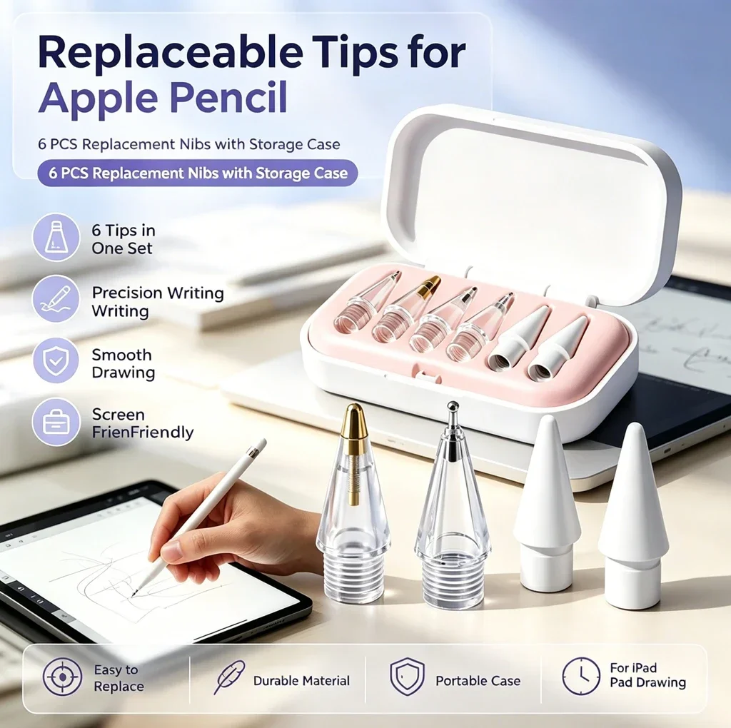 2/1Pack 6PCS Replacement Pen Nibs For Apple Pencil 1st 2nd Gen Pro USB-C, High Precision Metal Tips Drawing Nib With Portable