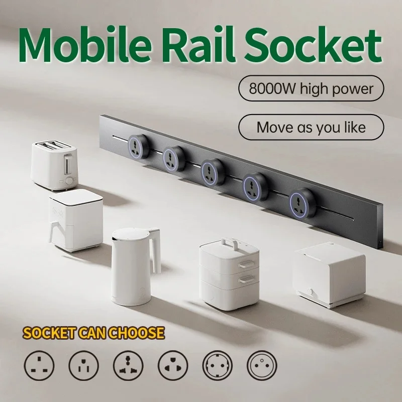 Wall Power Rail Socket High End Home Kitchen Office 8000w Track Socket EU/FR/US/UK Universal Standard Movable Round Adapter Plug