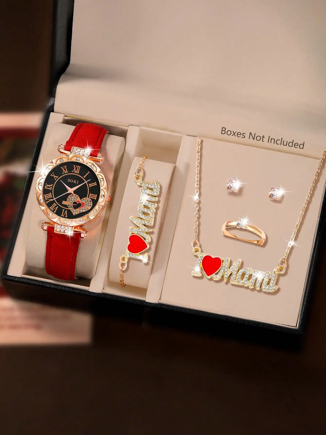 

Женские кварцевые часы и комплект украшений с подвеской в виде красного сердца, из сплава золотистого цвета, с кожаным ремешком