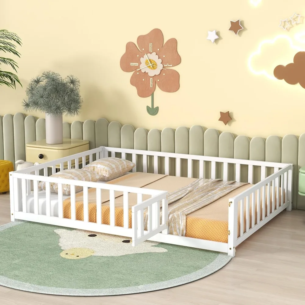 

Aoowow Full Size Floor Bed with Door and Fence for Kids, Montessori Floor Bed Frame with Slats and Safety Guardrail for Boys Gir