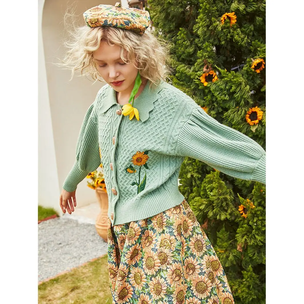 Women Autumn Winter Retro Sunflowers Embroidery Knitted Cardigan Twist Crocheted Sweater Coat Lantern Sleeve Knitwear Tops+Skirt