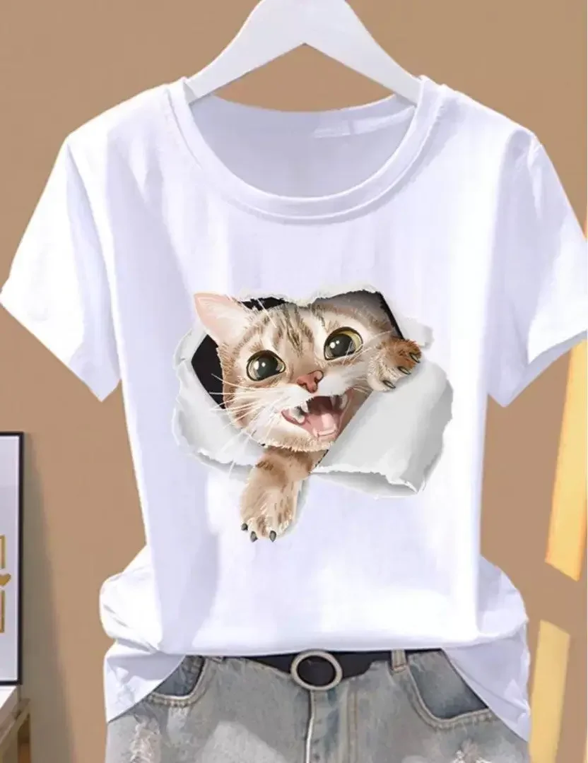Youngsters' Playful Cartoon Cat  Graphic T-Shirt - Polyester Slightly Elastic Round Neck Short Sleeve Top for Boys & Girls