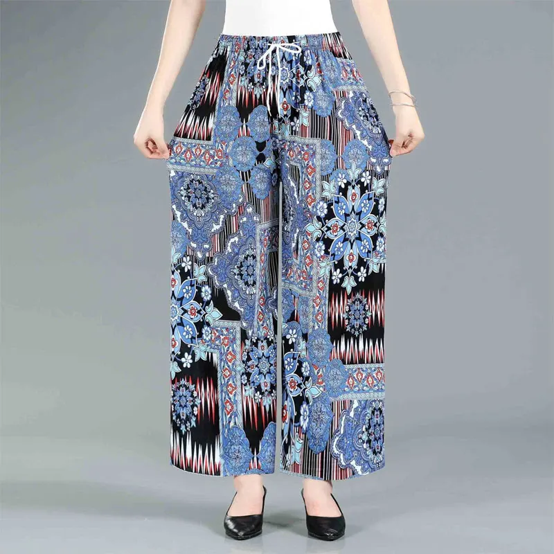 Summer Vintage Folk Printed Cropped Trousers Contrasting Colors Casual Loose Women\'s Clothing Stylish Wide Leg Drawstring Pants