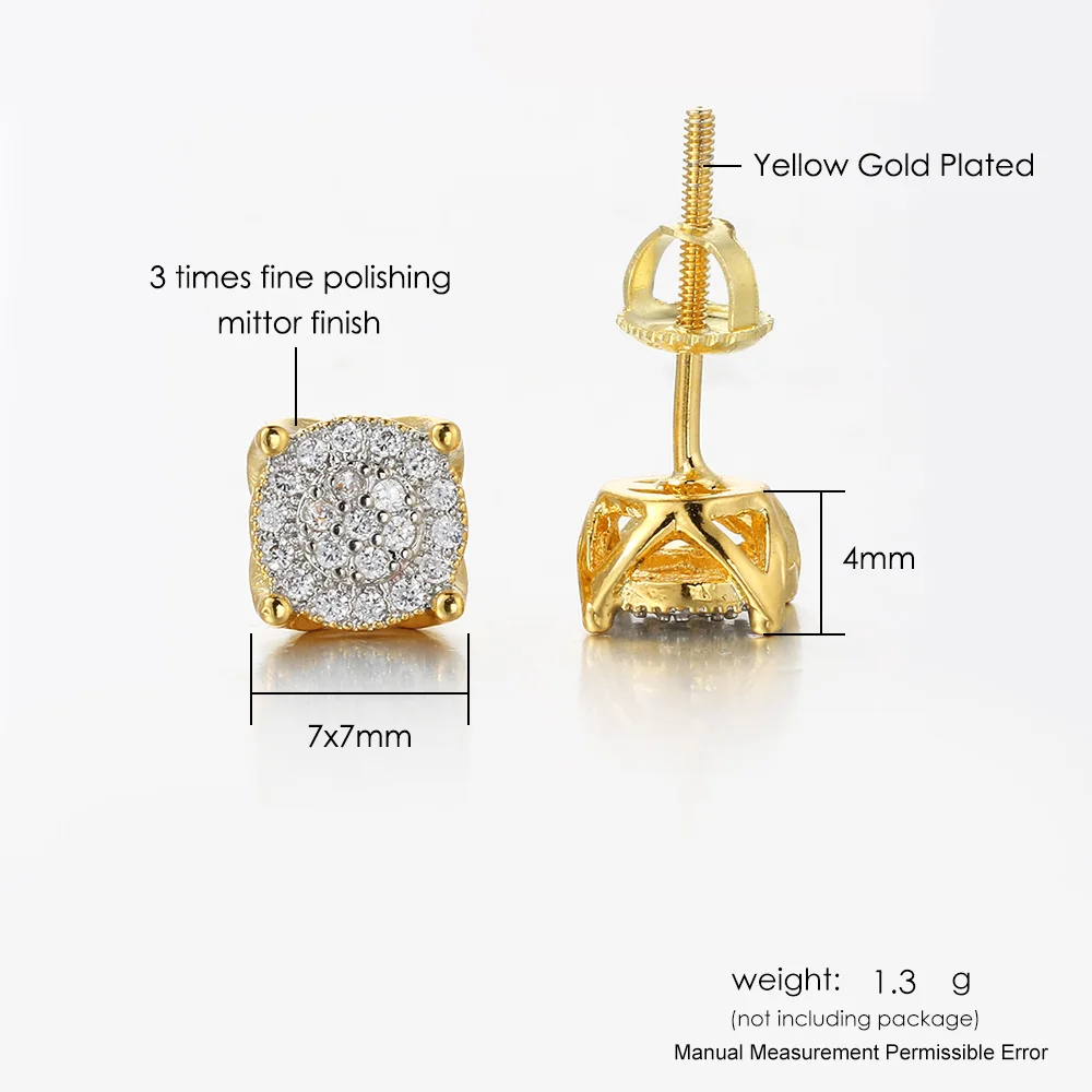 Hip Hop Men\'s Earrings Iced Out Zircon Gold Color Punk Simple 4 Claws Round Screw Ear Studs Rock Jewelry Gifts OHE181