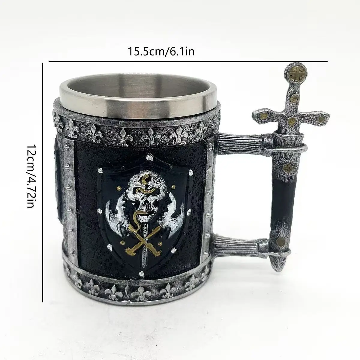 Medieval Knight Skull Beer Tankard 3D Sword Handle Resin Stainless Steel Coffee Mug Gothic Style Drinking Cup for Party Bar
