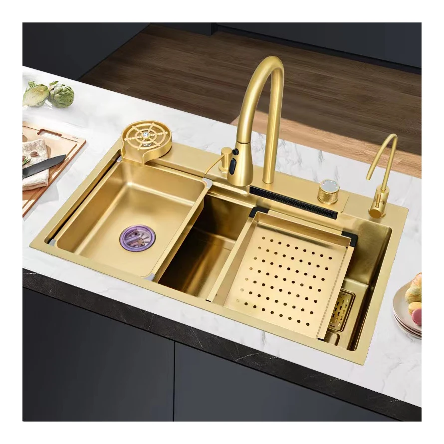 Single Bowl Handmade Stainless Steel Kitchen Sink with 304 SUS Waterfall 3-Gear Pulling Faucet Top Mount for Small Spaces