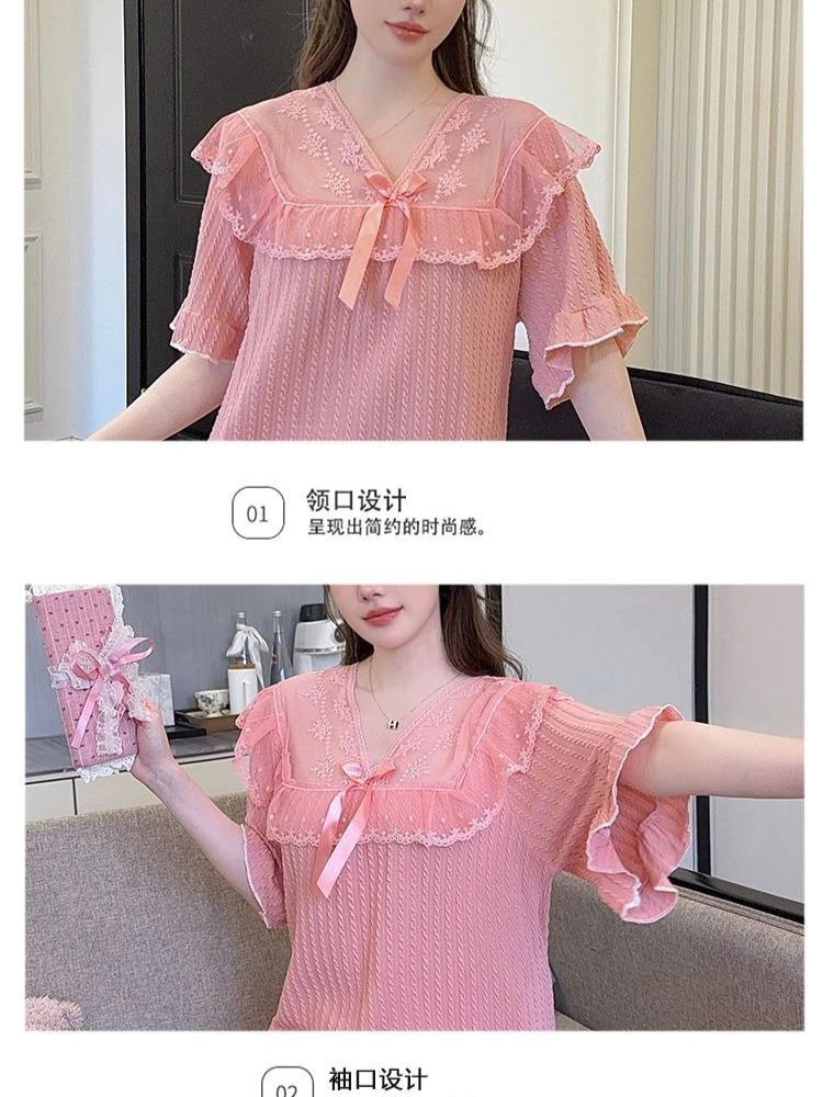 Conjunto de pijamas de Estilo Princesa de talla grande 5XL, pantalones cortos de manga corta de algodón de encaje de verano para mujer, ropa para el hogar, transmisión directa en vivo, Pjs