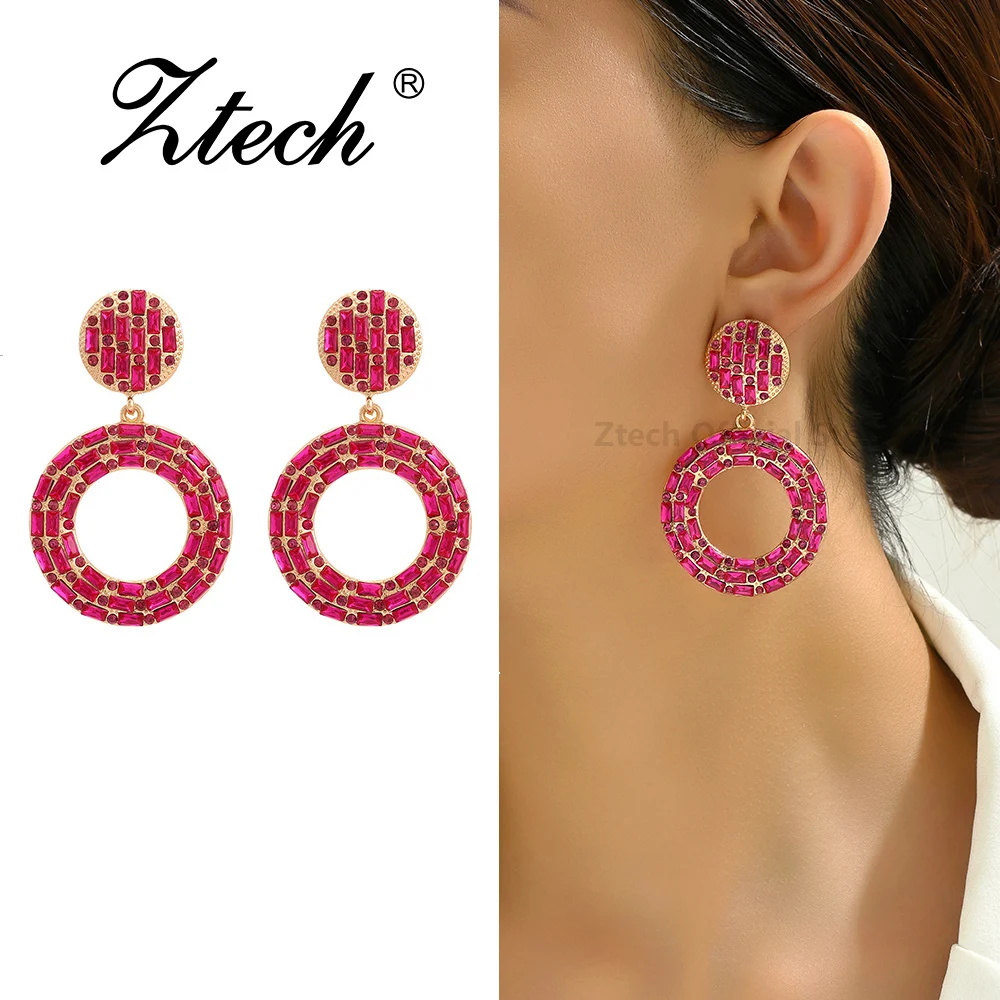 Classic Trendy Design Round Dangle Drop Earrings For Women Luxury Colorful Rhinestone Decor Female Statement Jewelry Accessories