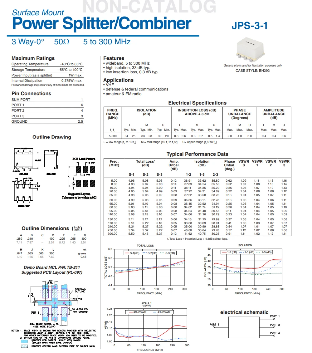 1pcs JPS-3-1 3 Ways Core Wire Power Splitter Combiner Surface Mount SMT Wideband 5 - 300 MHz 50Ω 50ohm