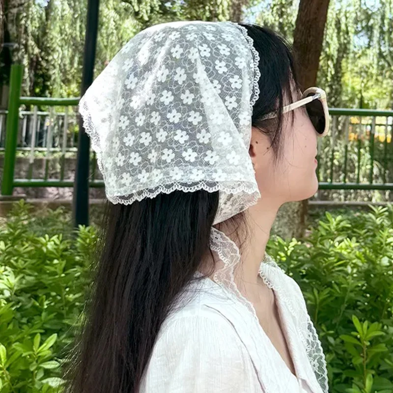 White Fashion Headdress for Women Summer Sweet Lace Triangle Hair Scarf Half Skirt Butt Curtain Belt Headband Triangle Kerchief