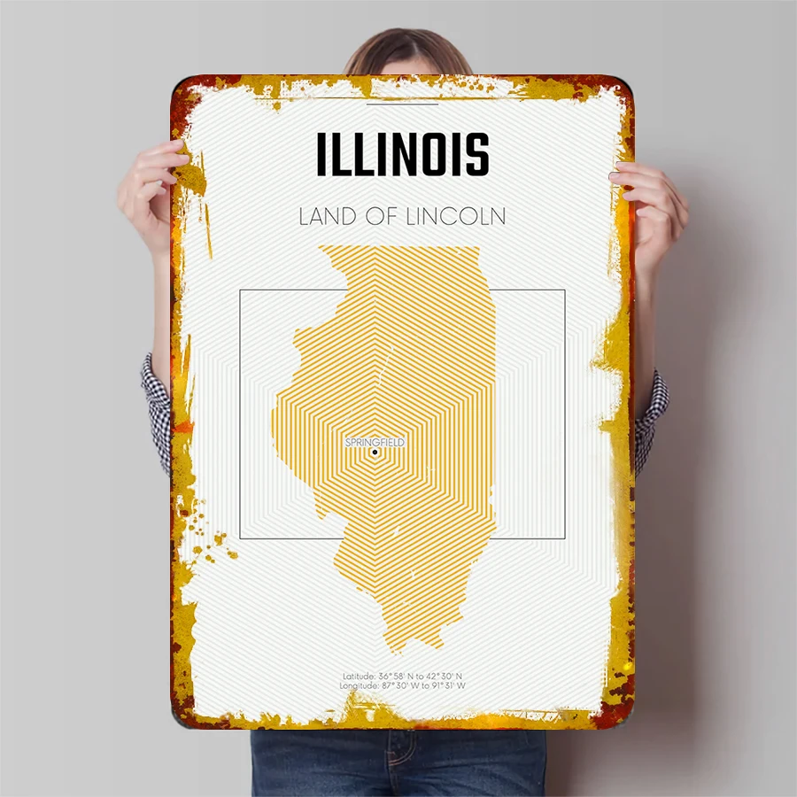 Illinois Map Metal Wall Art Springfield Coordinates Marked Home Decor Wall Hanging Art Gift