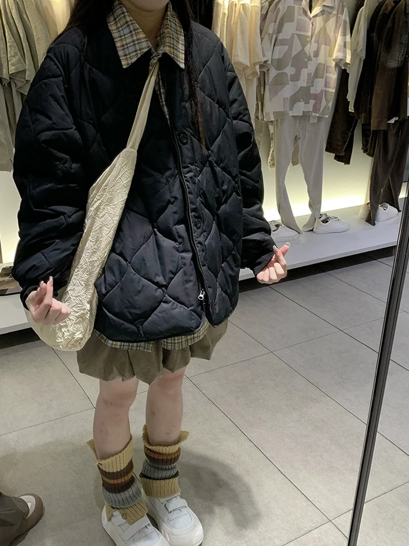 

Parkas Womens Nieve Fall Modal Liner Diamond-Patterned Buttoned Waistband Diagonal Lining Simple Preppy College School Uniform