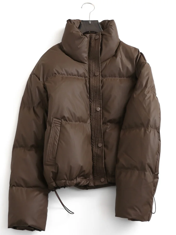 

Thickened Long Sleeve PU Leather Jacket Zipper Stand Collar Winter New Style Warm Women's down Jacket Pure Color Loose Fit