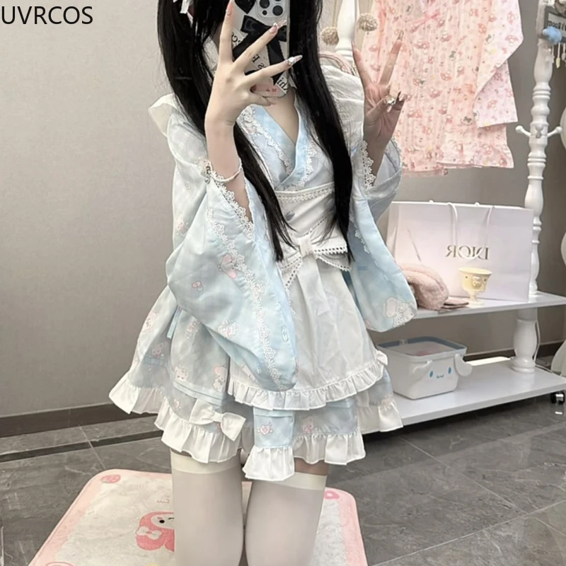 Japanese Sweet Lolita Style Dress Kawaii Cute Cartoon Print Princess Party Dresses with Bow Apron Cosplay Costume Maid Dress Set