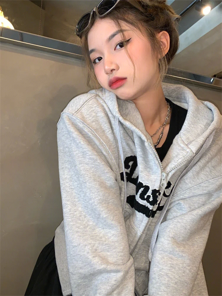 Korean Fashion Gray Cropped Hoodie Women Y2K Vintage Letter Zip Up Sweatshirts Spring 2023 Kpop Harajuku Hooded Jackets Casual