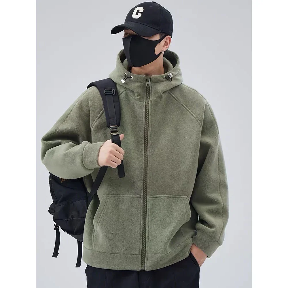 Men's Solid Color Simple Thick Loose Polar Fleece Hooded Cardigan Sweatshirt