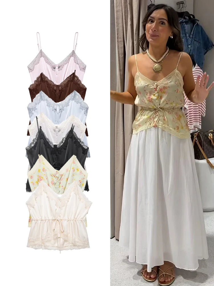 TFMLN Women Sexy Lace Patchwork Sling Tops Female Chic Single Breasted Sling Vest Fashion Slim Sleeveless Lace UP Streetwear