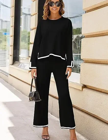 Women Knited Sweaters Tracksuits Fashion Designer Wide Leg Pants Home Suits Knit Trousers 2 Pieces Sets Women Pullover Top Pjs