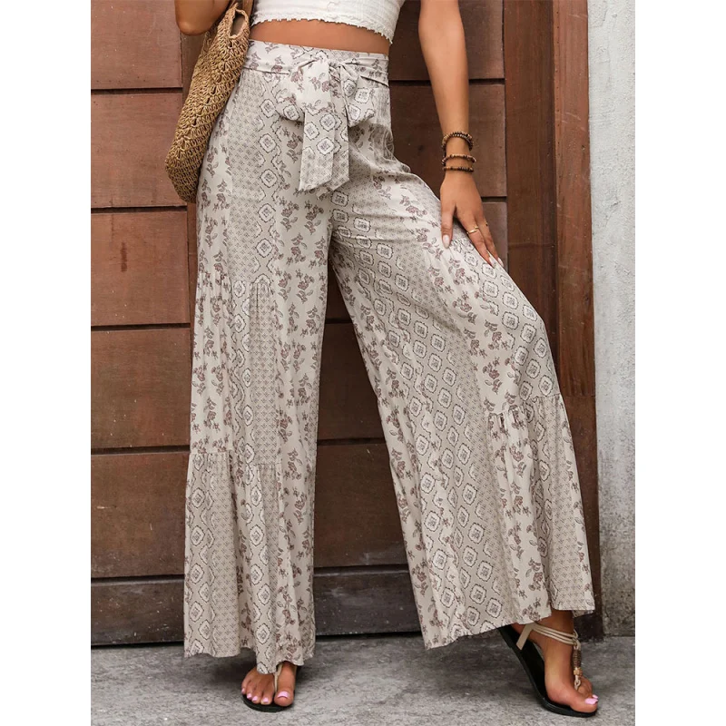 Women Boho Floral Print Wide Leg Pants High Waist Tie Belt Tiered Ruffle Flowy Casual Summer Beach Palazzo Trousers Multi Colors