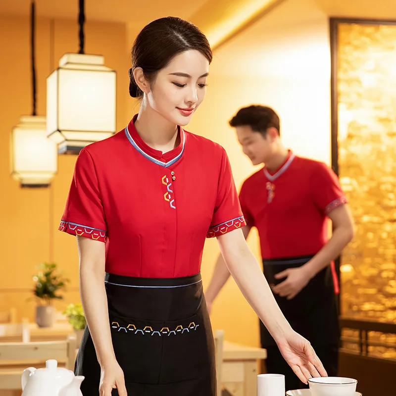 Hotel Waiter Workwear Summer Short Sleeve Chinese Catering Hot Pot Restaurant Front Hall Tea House Staff Clothing Men and Women