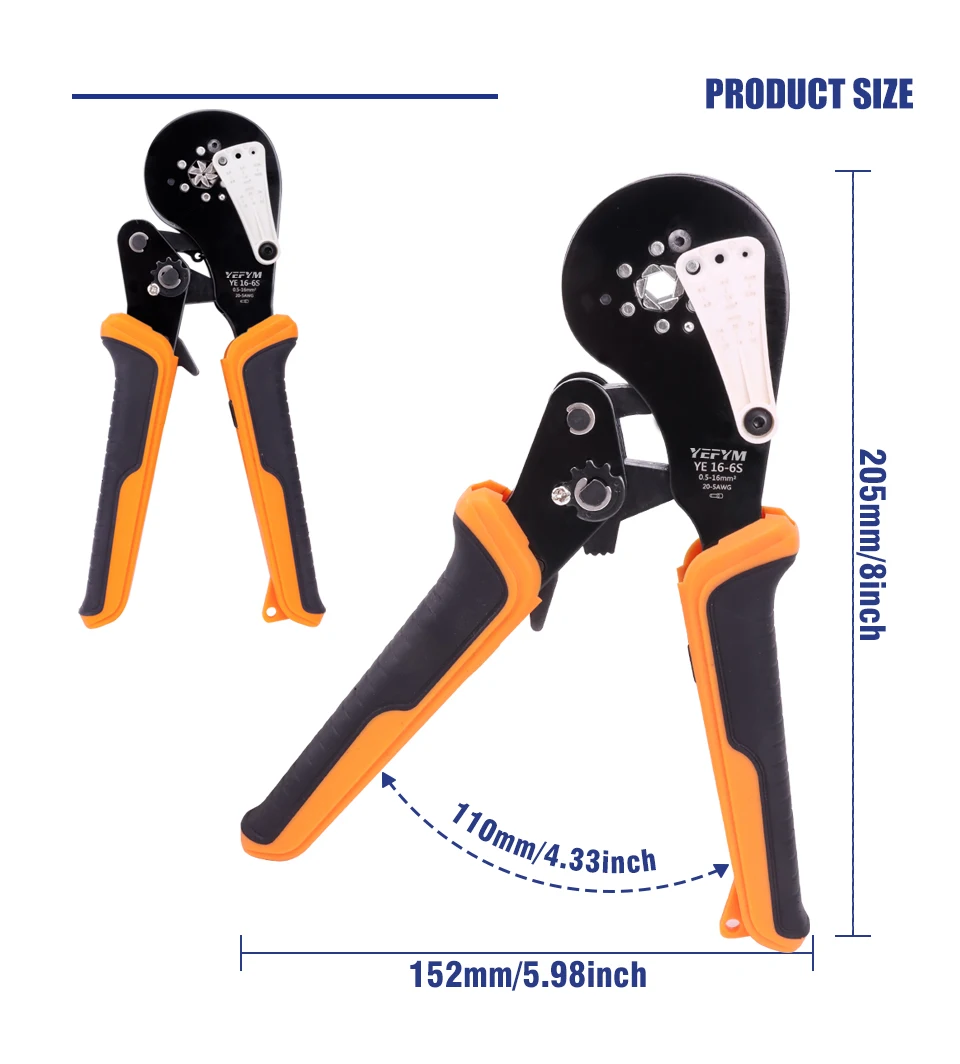 Aderendhülsen-Crimpzange YE 16-6S 0,5-16mm²/20-5AWG, Mini-Zange für Rohraderendhülsen, Praktisches Crimpwerkzeug mit Kabelschuhhalter – Detail 6