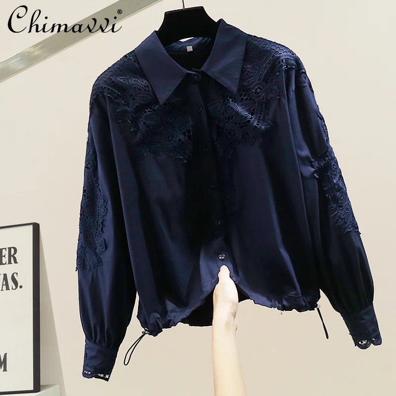 

New Fashion Heavy Embroidery Hollow Crochet Collar Shirt 2025 Autumn Clothes Heavy Loose Elegant Long Sleeve Blouse Tops