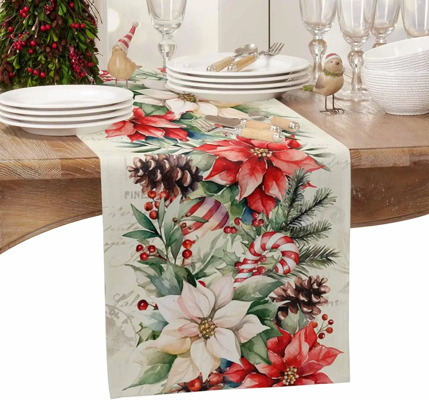 Christmas Poinsettia Pine Needle Pine Cone Linen Table Runner for Table Decor Xmas Botanical Table Runner Christmas Decorations