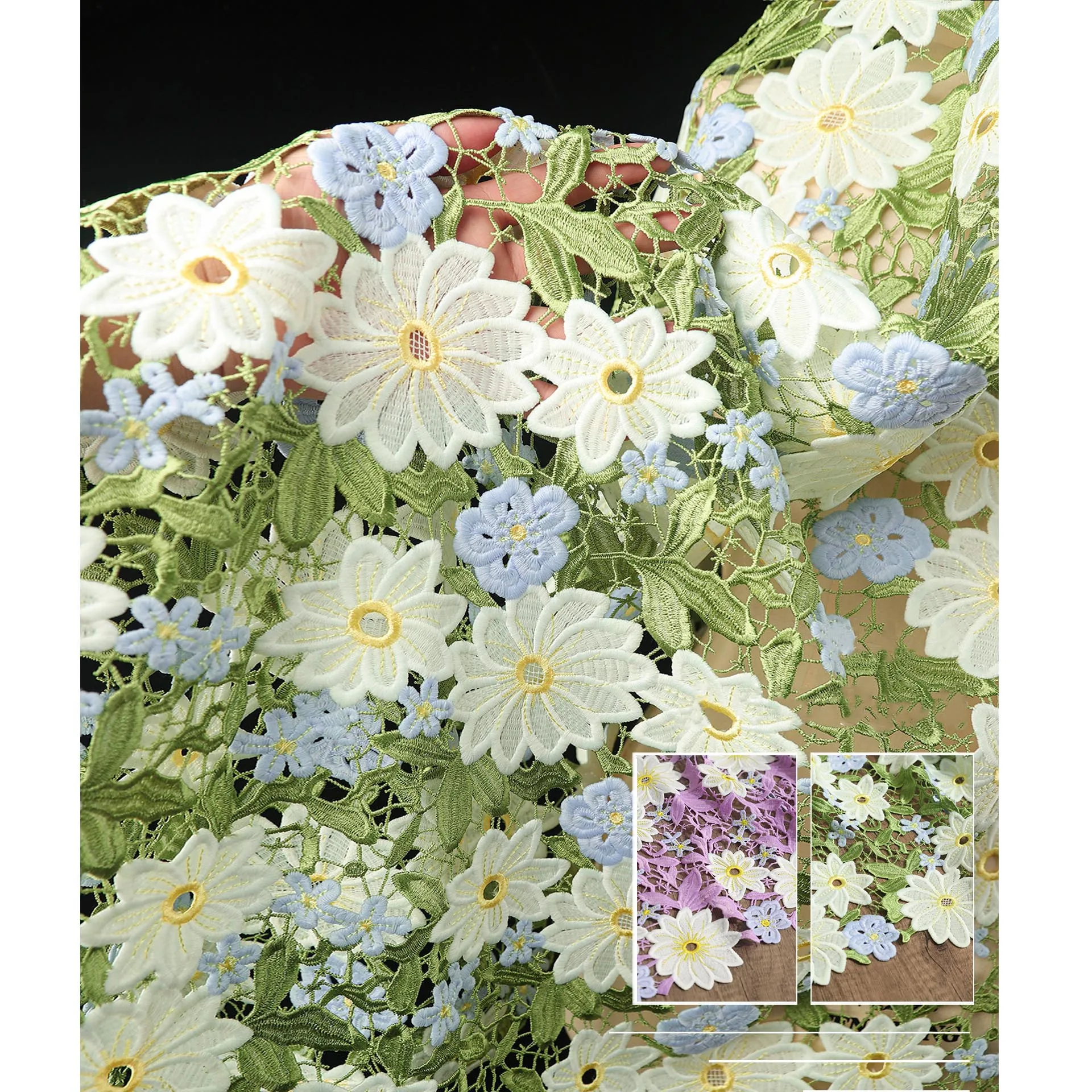 Green cutout embroidery flower water soluble fabric hand woven white chrysanthemum cardigan dress designer accessories