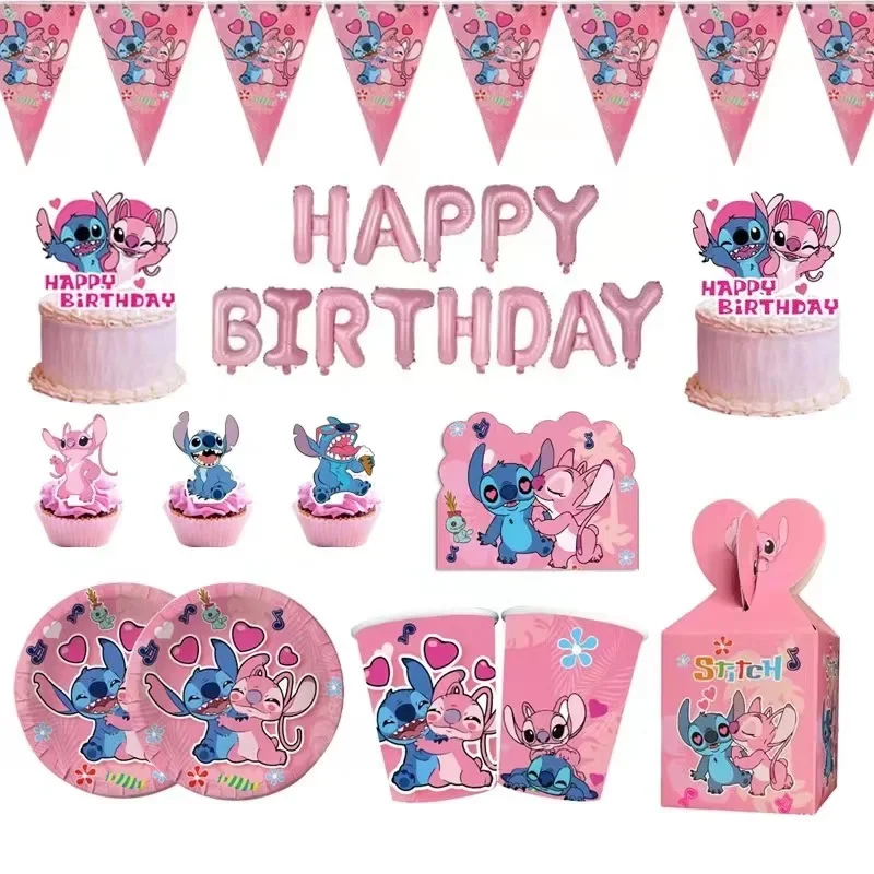 Disney Anime Stitch decoración personaje de dibujos animados tema vajilla Ángel globo platos taza suministros para fiesta de cumpleaños niños niñas