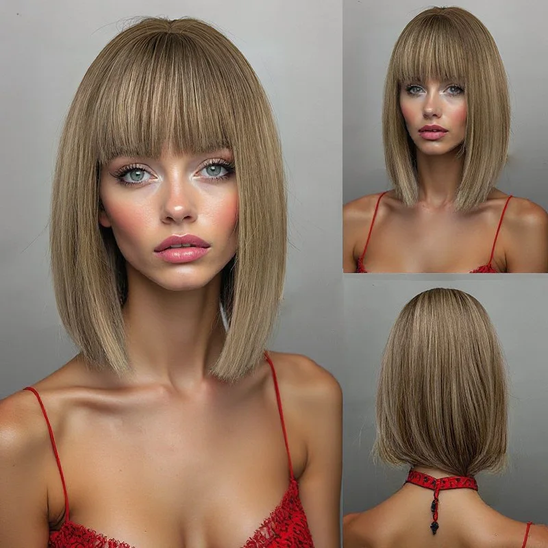 

Блестящий короткий прямой парик боб с полной челкой, женская замена волос из волокна, подходит для ежедневного использования