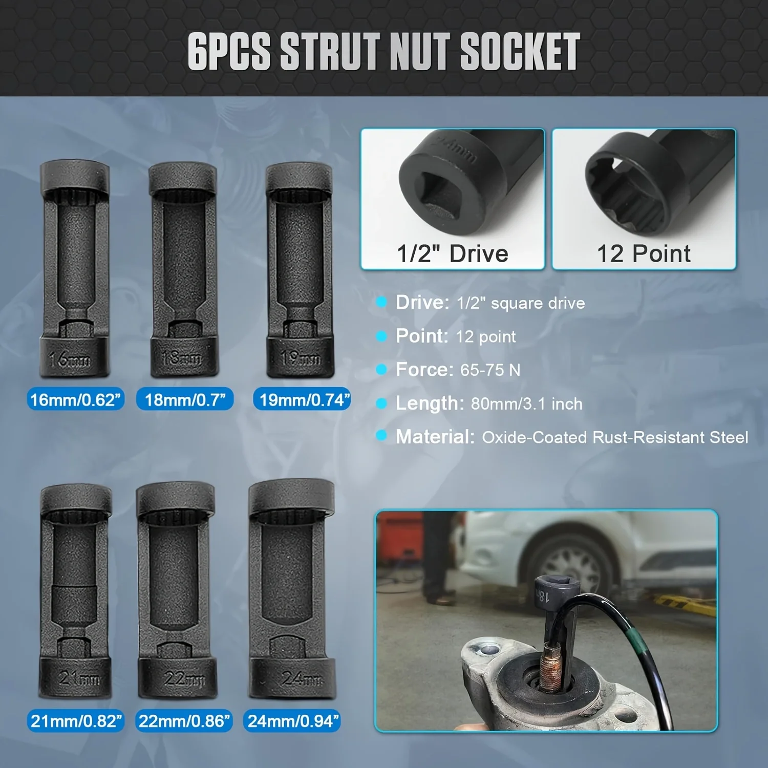 6 Piece Suspension Strut Nut Socket Set 16MM18MM 19MM 21MM 22MM 24MM,VM #:3353,1/2\