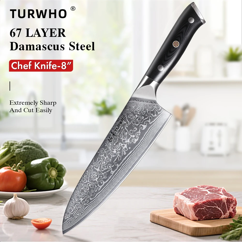 TURWHO-cuchillos de Chef profesionales de 8 pulgadas, cuchillo de cocina japonés de 67 capas de acero damasco súper afilado para carne y verduras, herramientas de cocina