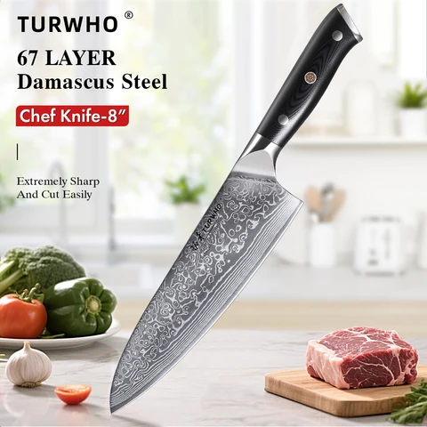 Turwho facas de chef profissional de 8 polegadas, japonês, 67 camadas, aço damasco, super afiado, carne, vegetais, faca de cozinha, ferramentas de cozinha
