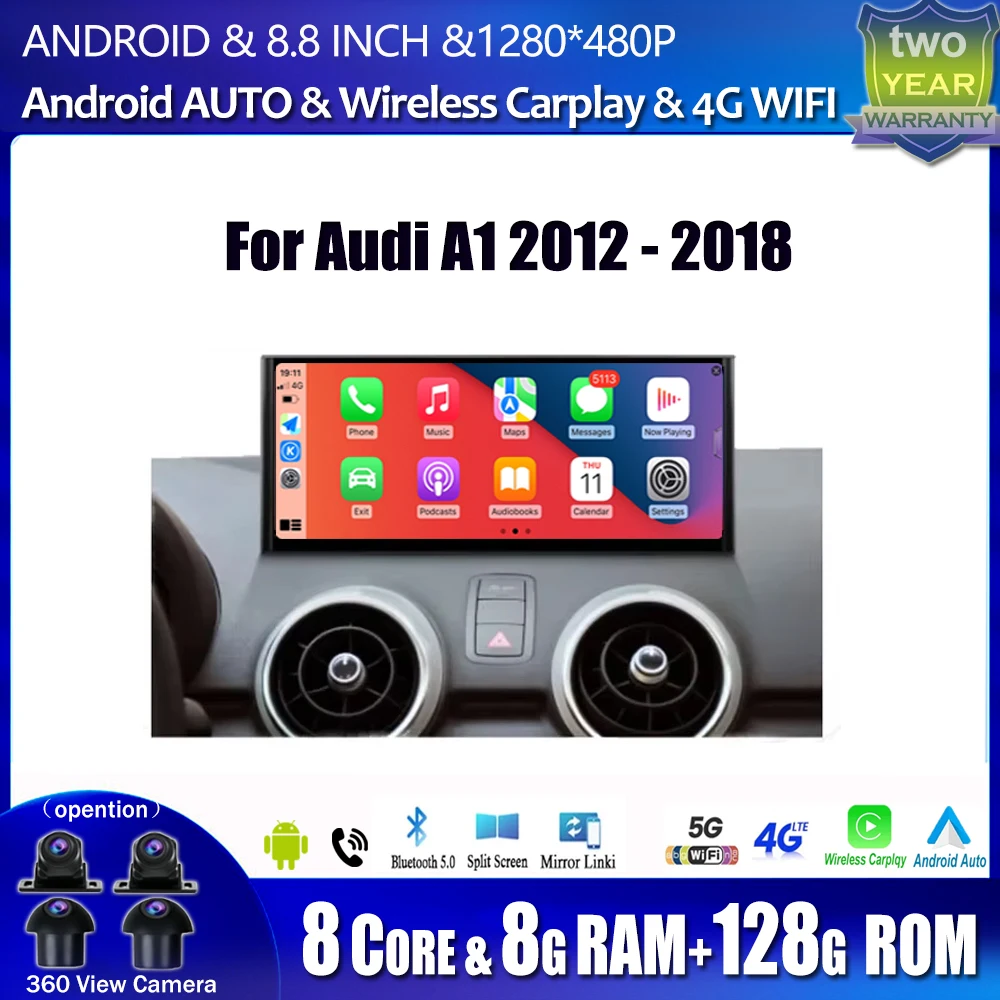 8.8 Inch For Audi A1 2012-2018 Radio 1280*480P Car Multimedia Player WIFI 4G BT Carplay Android Auto GPS Navigation DSP