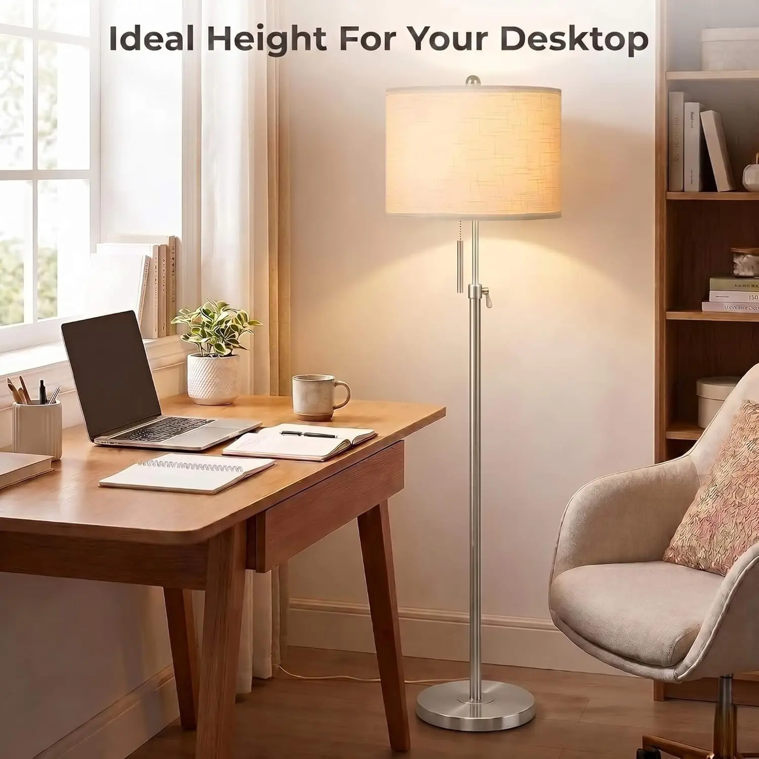 55‑Inch‑to‑67‑Inch Height‑Adjustable Brushed‑Nickel Modern Tall Standing Floor Lamp, 3‑Way Dimmable, Ideal For Reading‑Corner Home‑Decor & Housewarming‑Gift, For Living‑Room, Bedroom & Office