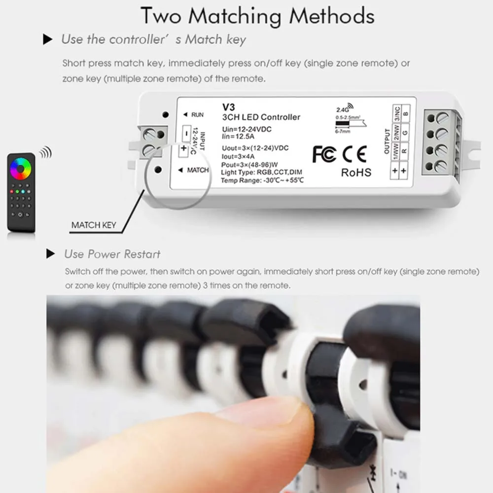 RF2.4G 3CH Wireless Dimmer Push Dim Controller V3 V3-L DIM/CCT/RGB Light Strip No Flicker Multi Zone Work With Wall Panel Remote