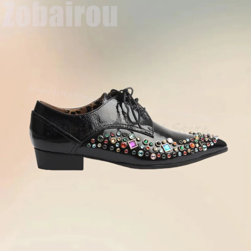 Colorful Crystal Decor Black Pointed Toe Strappy Men Shoes Fashion Lace Up Male Shoes Luxury Handmade Banquet Men Casual Shoes