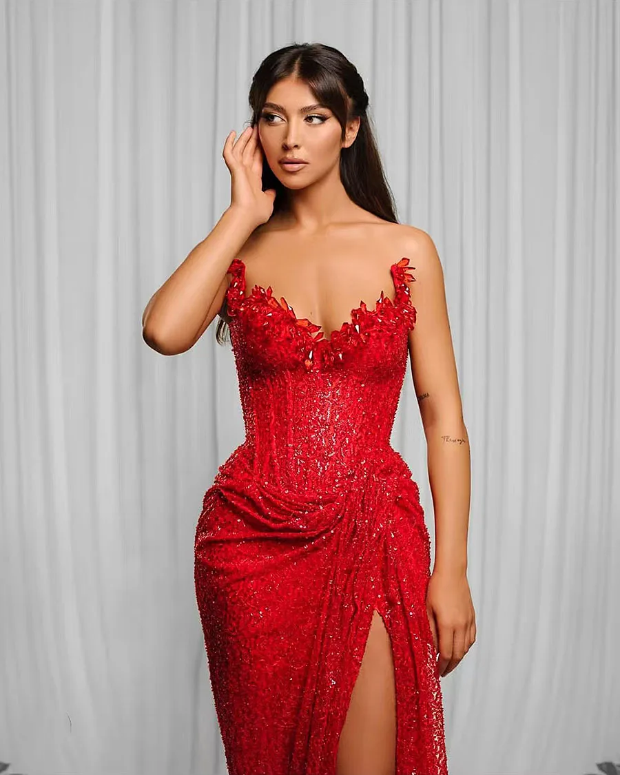 

New 2025 Red Strapless Fishtail Dress Sequin Evening Dress Is Suitable for Various Dance Parties Prom Gown