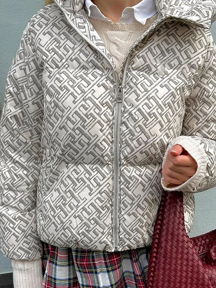 Giacche imbottite con cappuccio stampate Vintage per donna moda manica lunga con cerniera cappotto caldo da strada 2024 nuova giacca autunno inverno donna