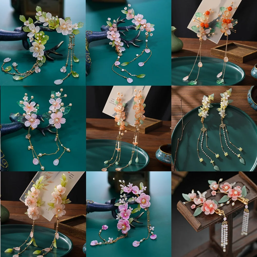 Chinese Hair Clips Vintage Hairpin Hair Accessories Flower Hanfu Headdress Tassel Pearl Barrettes Antique Wedding Hair Jewelry