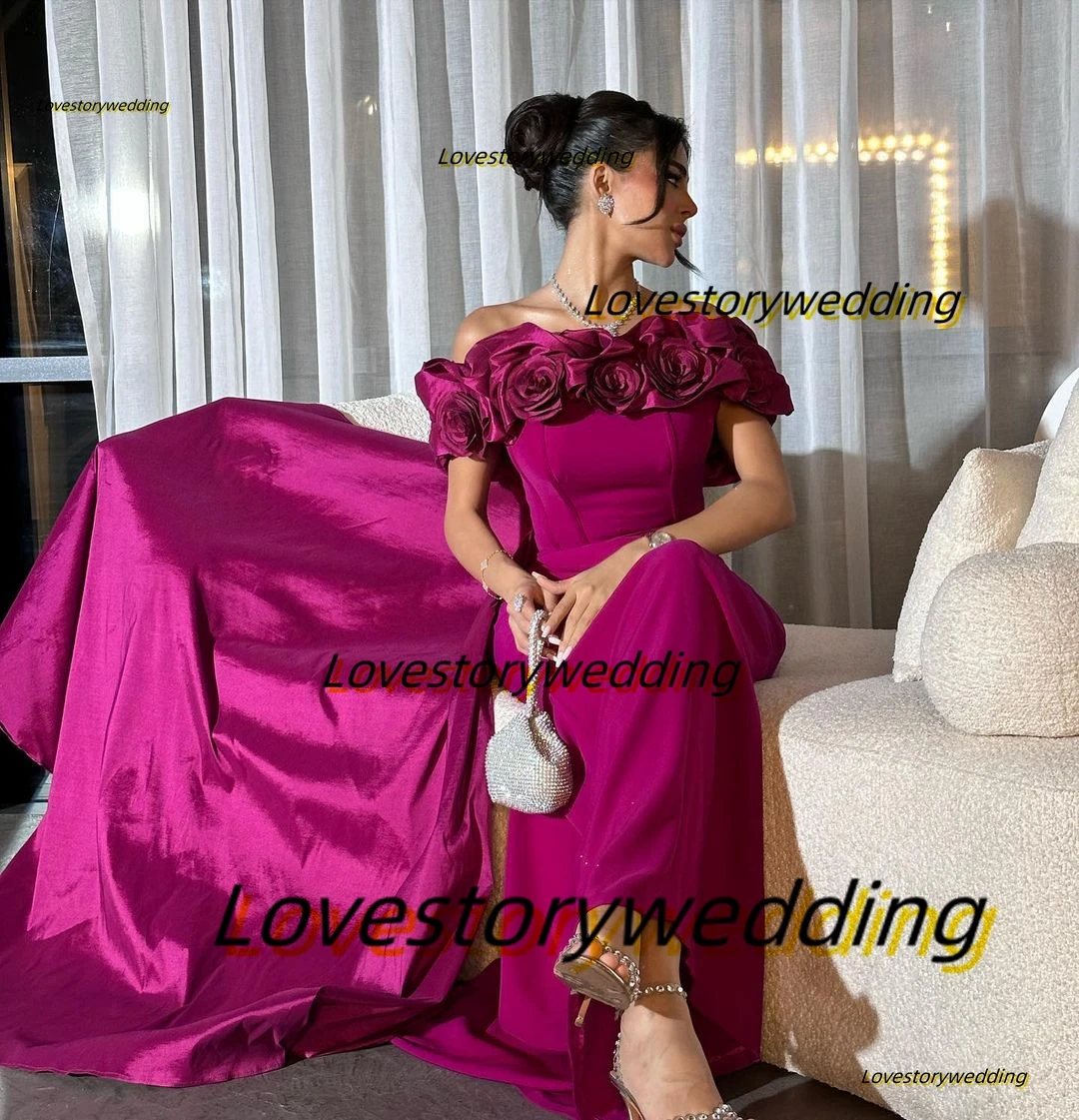 

Lovestory Handmade Flowers Bateau Neck Prom Dresses Mermaid Party Saudi Arabia Women Wear Evening Gowns with Long Train Vestidos